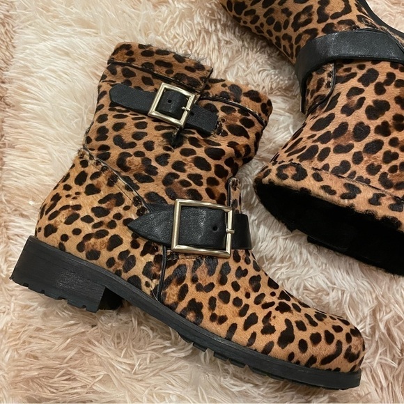 JIMMY CHOO | Leopard Print Pony Hair Fur-Lined Moto Boots | Women’s Size 37 - Picture 7 of 10